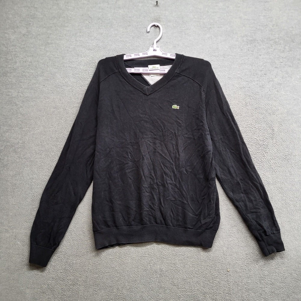 Lacoste Men Sweater 5 Medium Black Logo‎ Knit V Neck Pullover